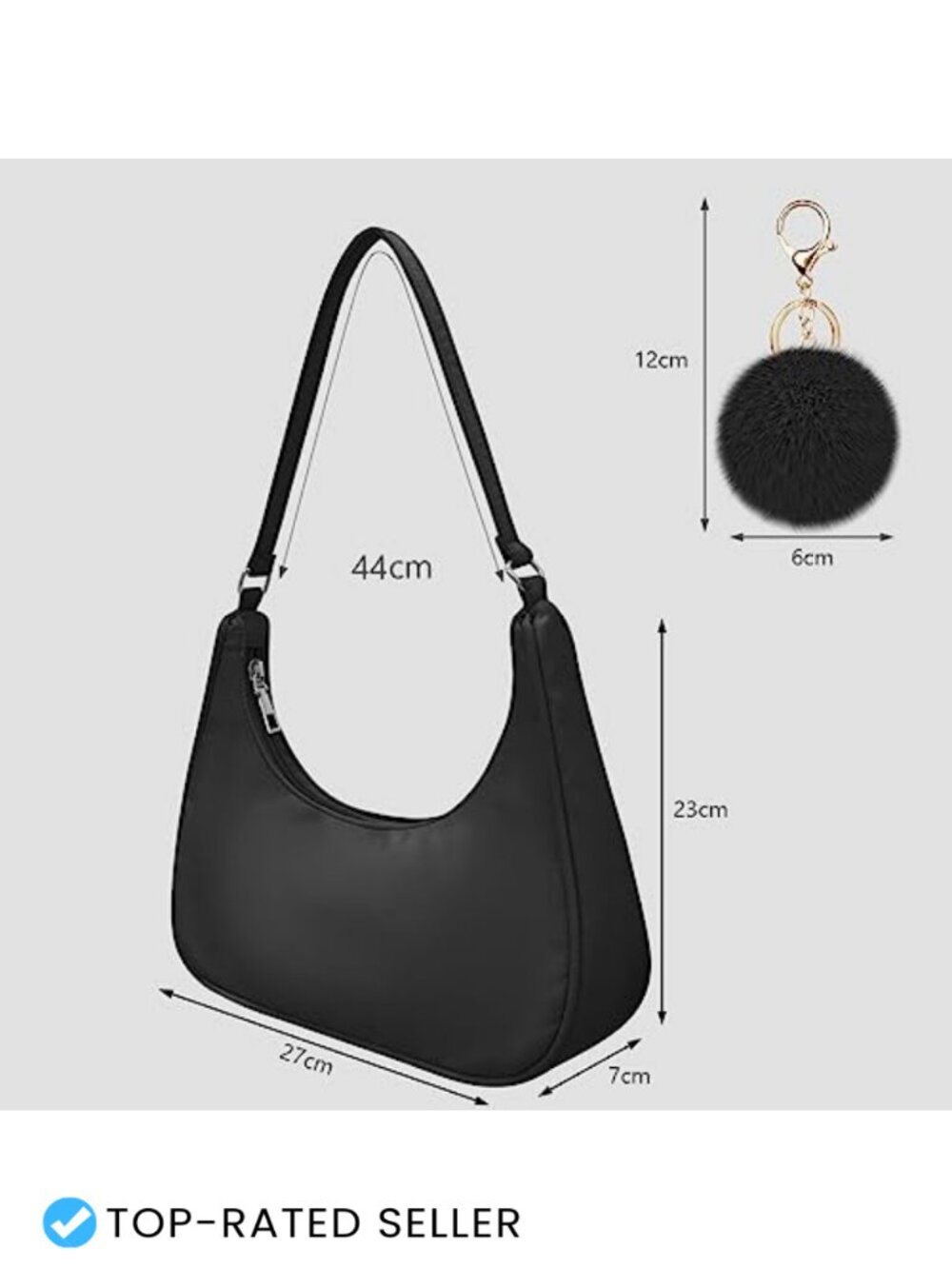 Vintage Y2K Style Shoulder Bag, Nylon Sling Purse with Fluffy Pom Pom Keychain - Picture 5 of 6